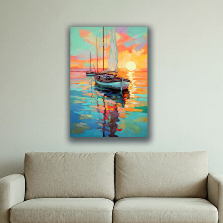 gün batımı tekne deniz baskılı kanvas duvar tablosu