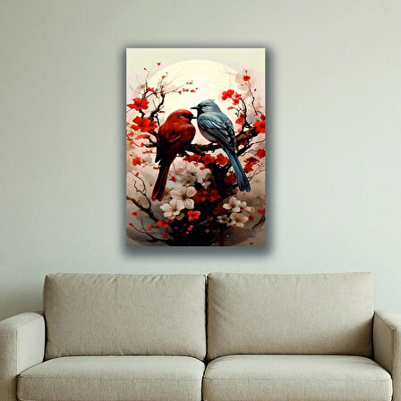 ağaç dalında 2 kuş baskılı kanvas duvar tablosu