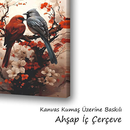 ağaç dalında 2 kuş baskılı kanvas duvar tablosu