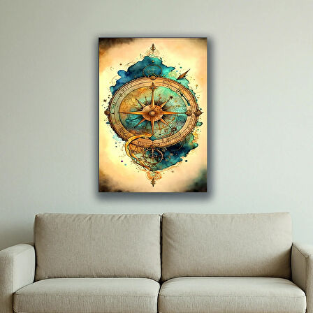 pusula sulu boya efekti baskılı kanvas duvar tablosu