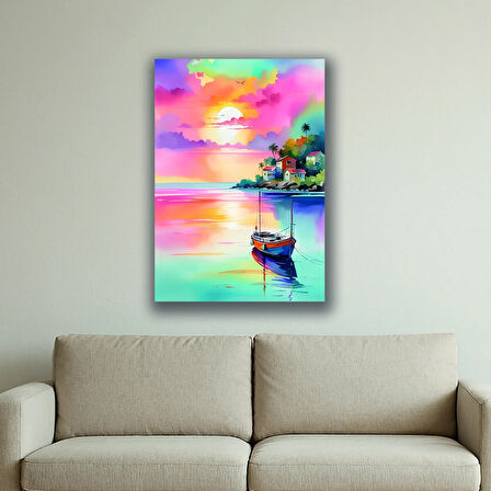 deniz gün batımı evler baskılı kanvas duvar tablosu