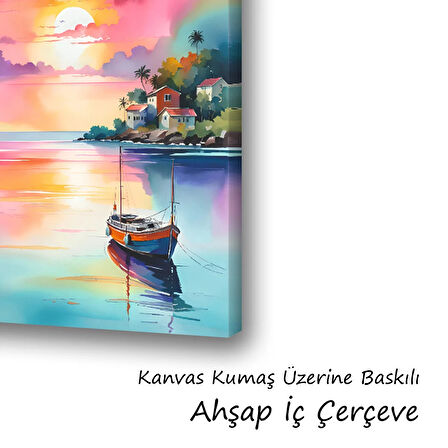 deniz gün batımı evler baskılı kanvas duvar tablosu