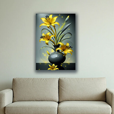 vazo sarı altın çiçekler baskılı kanvas duvar tablosu