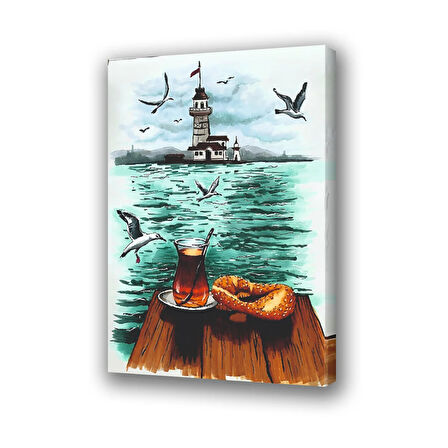 çay simit martılar baskılı kanvas duvar tablosu