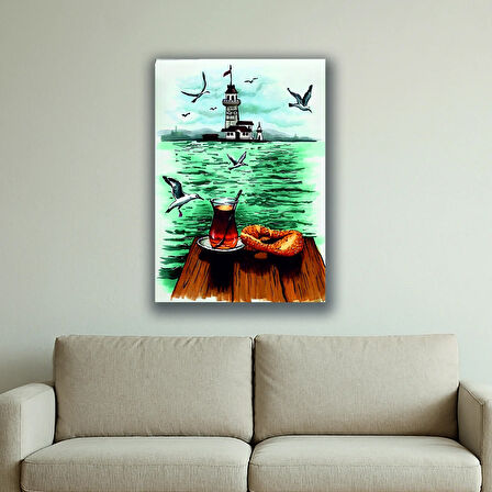 çay simit martılar baskılı kanvas duvar tablosu