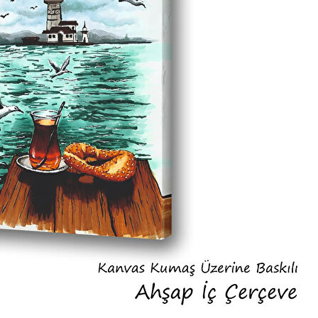 çay simit martılar baskılı kanvas duvar tablosu