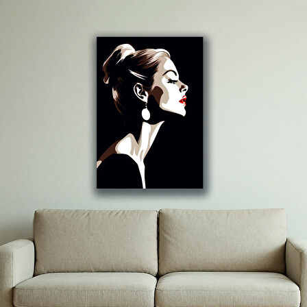 siyah zemin üzerine kadın suratı baskılı kanvas duvar tablosu