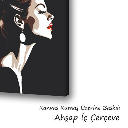 siyah zemin üzerine kadın suratı baskılı kanvas duvar tablosu