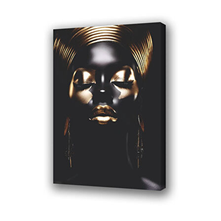 altın makyajlı siyah kadın baskılı kanvas duvar tablosu