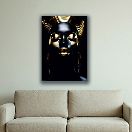 altın makyajlı siyah kadın baskılı kanvas duvar tablosu