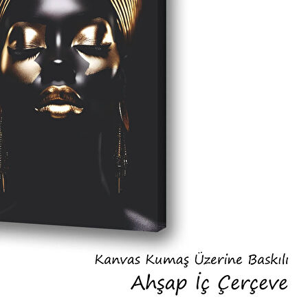 altın makyajlı siyah kadın baskılı kanvas duvar tablosu