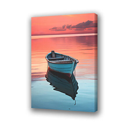 sakin deniz kırmızı gökyüzü tekne baskılı kanvas duvar tablosu