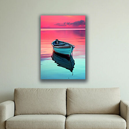 sakin deniz kırmızı gökyüzü tekne baskılı kanvas duvar tablosu