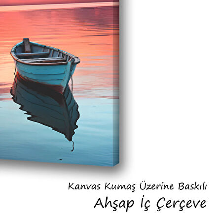 sakin deniz kırmızı gökyüzü tekne baskılı kanvas duvar tablosu