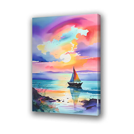 yelkenli tekne renkli gökyüzü baskılı kanvas duvar tablosu
