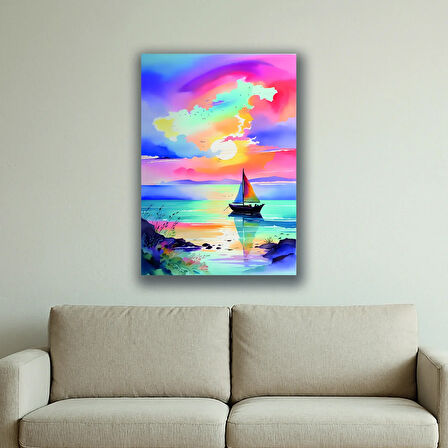 yelkenli tekne renkli gökyüzü baskılı kanvas duvar tablosu