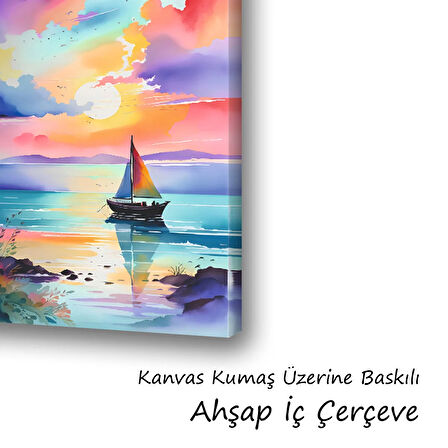 yelkenli tekne renkli gökyüzü baskılı kanvas duvar tablosu