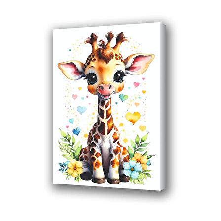 zürafa yavru renkli çocuk odası baskılı kanvas duvar tablosu