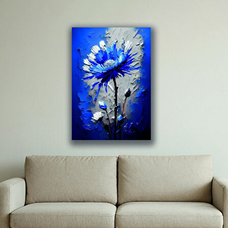 mavi çiçek baskılı kanvas duvar tablosu