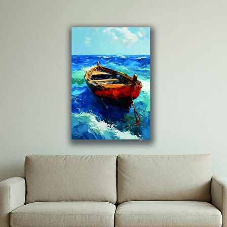 Dalgalı deniz tekne baskılı kanvas duvar tablosu