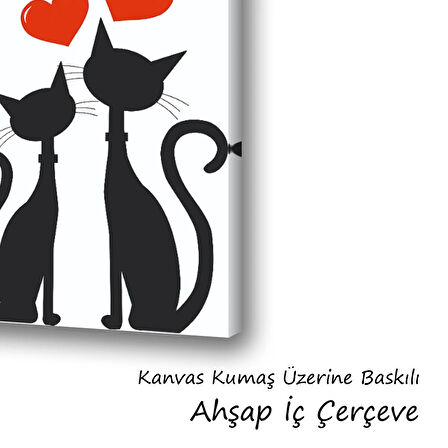 Sevgili kediler kalpli baskılı kanvas duvar tablosu