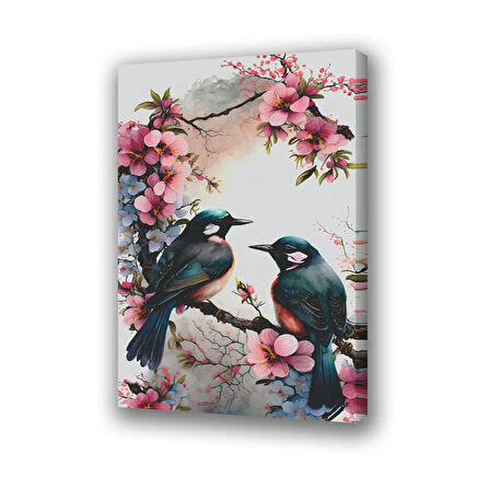 ağaç dalındaki kuşlar baskılı kanvas duvar tablosu