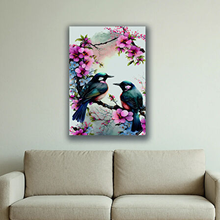 ağaç dalındaki kuşlar baskılı kanvas duvar tablosu