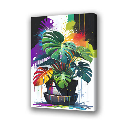 renkli yapraklı vazodaki çiçek baskılı kanvas duvar tablosu