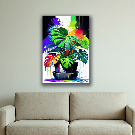 renkli yapraklı vazodaki çiçek baskılı kanvas duvar tablosu