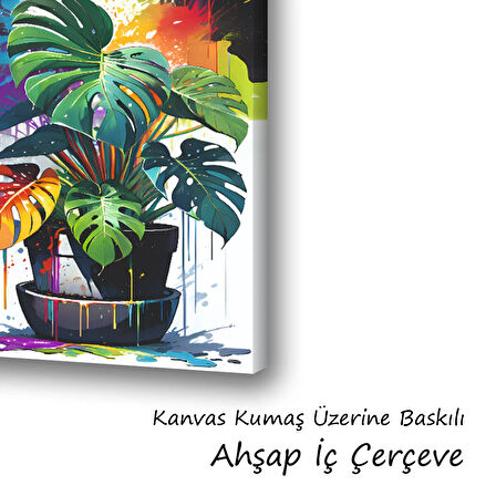 renkli yapraklı vazodaki çiçek baskılı kanvas duvar tablosu