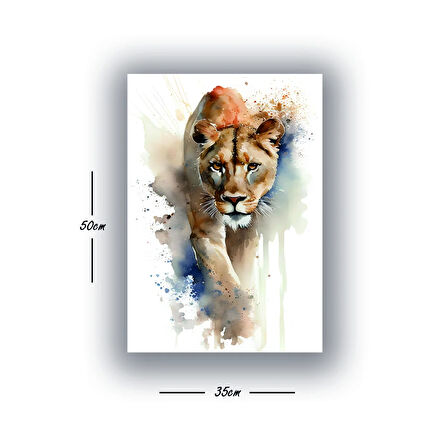 dişi aslan boya efekt desenli baskılı kanvas duvar tablosu