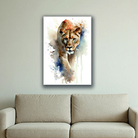 dişi aslan boya efekt desenli baskılı kanvas duvar tablosu