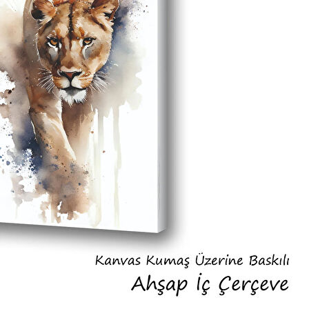 dişi aslan boya efekt desenli baskılı kanvas duvar tablosu