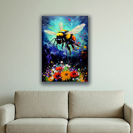 arı çiçek baskılı kanvas duvar tablosu