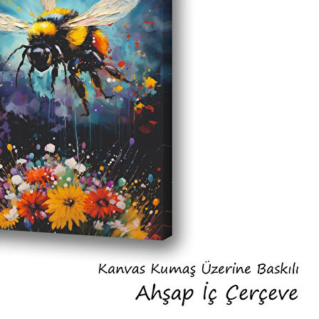 arı çiçek baskılı kanvas duvar tablosu