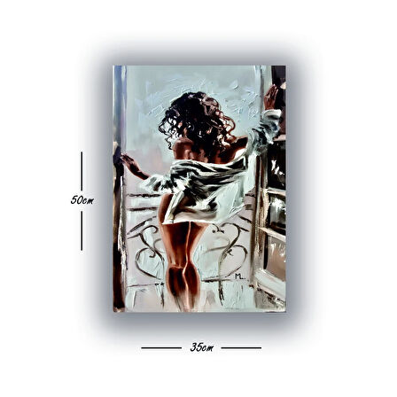 kadın balkondan bakan baskılı kanvas duvar tablosu