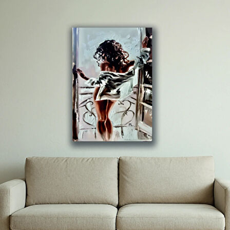 kadın balkondan bakan baskılı kanvas duvar tablosu