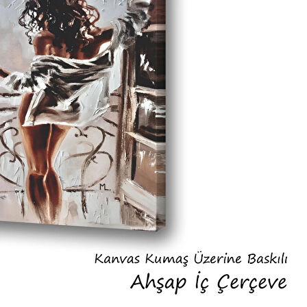 kadın balkondan bakan baskılı kanvas duvar tablosu