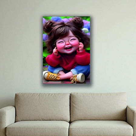 sevimli gözlüklü kız çocuğu baskılı kanvas duvar tablosu