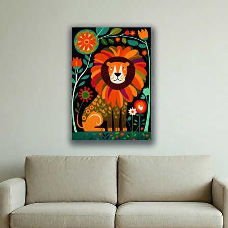 aslan çiçek baskılı kanvas duvar tablosu