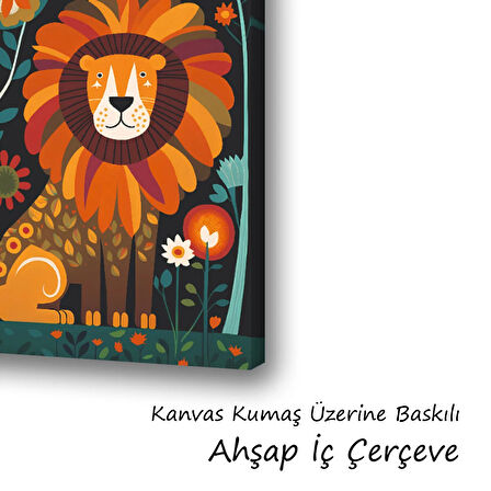 aslan çiçek baskılı kanvas duvar tablosu