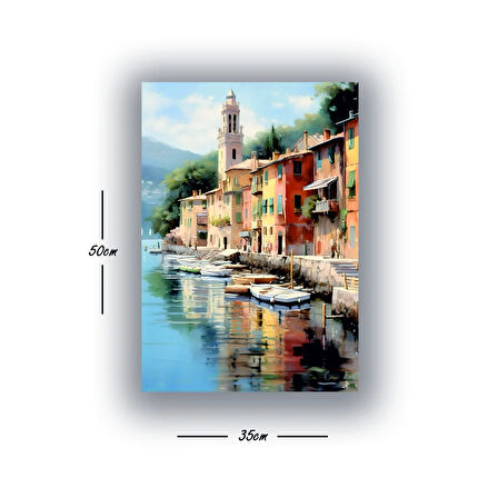 sahil tekne evler deniz manzara baskılı kanvas duvar tablosu