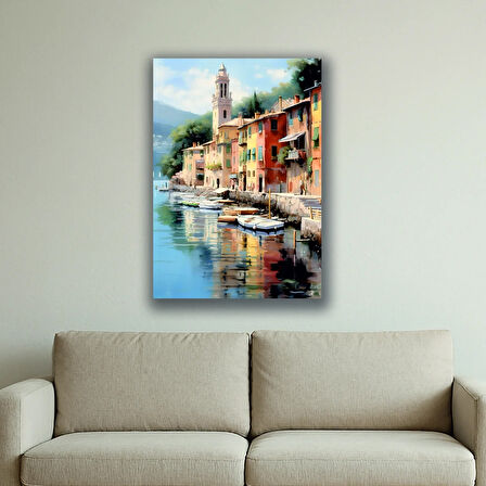 sahil tekne evler deniz manzara baskılı kanvas duvar tablosu