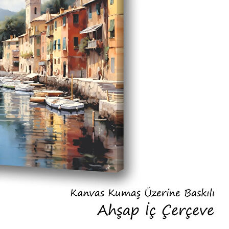 sahil tekne evler deniz manzara baskılı kanvas duvar tablosu