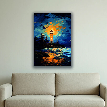 deniz fener dalgalar baskılı kanvas duvar tablosu