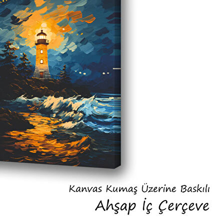 deniz fener dalgalar baskılı kanvas duvar tablosu