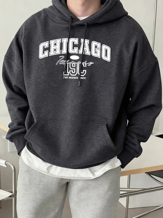 Chicago Letter Yaratıcılık Baskılı Tişörtü Erkek Trendy Gevşek Spor Giyim Sıcak Temel Kapüşon