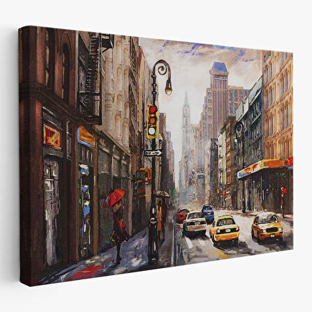 New York Sokakları Ve Sarı Taksi Yağlıboya Görünüm Tablo-3550