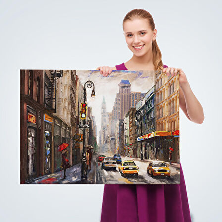 New York Sokakları Ve Sarı Taksi Yağlıboya Görünüm Tablo-3550