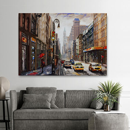 New York Sokakları Ve Sarı Taksi Yağlıboya Görünüm Tablo-3550